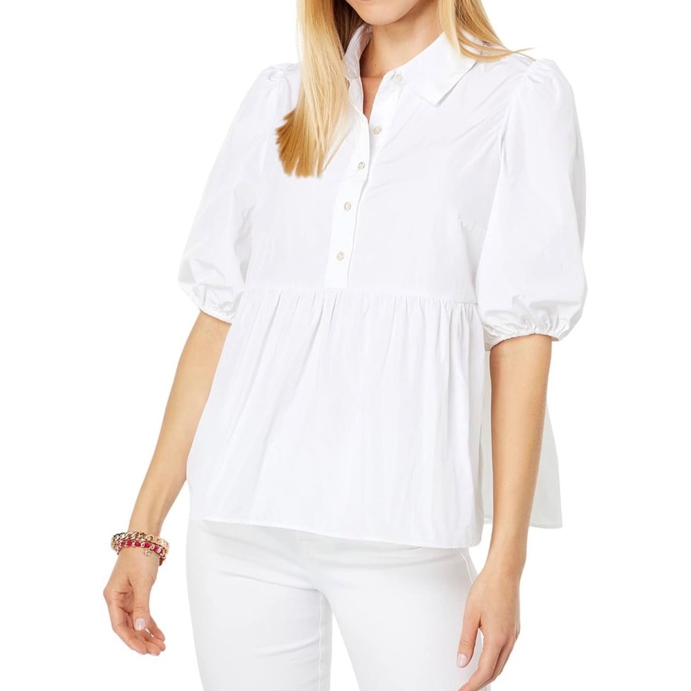 Lilly Pulitzer Crissa Short Sleeve Top White Peplum Blouse L Costal Preppy